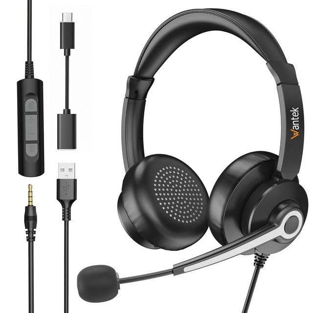 Wantek USB Headset with Microphone for PC, Laptop, 3-in-1 Computer Headset with Noise Cancelling and Audio Controls, USB Headphones for Call Center, Work, Office