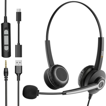 Wantek USB Over-Ear Computer Headset, Call Center Headphones with Mic & Mute, Black, 3.5mm/USB