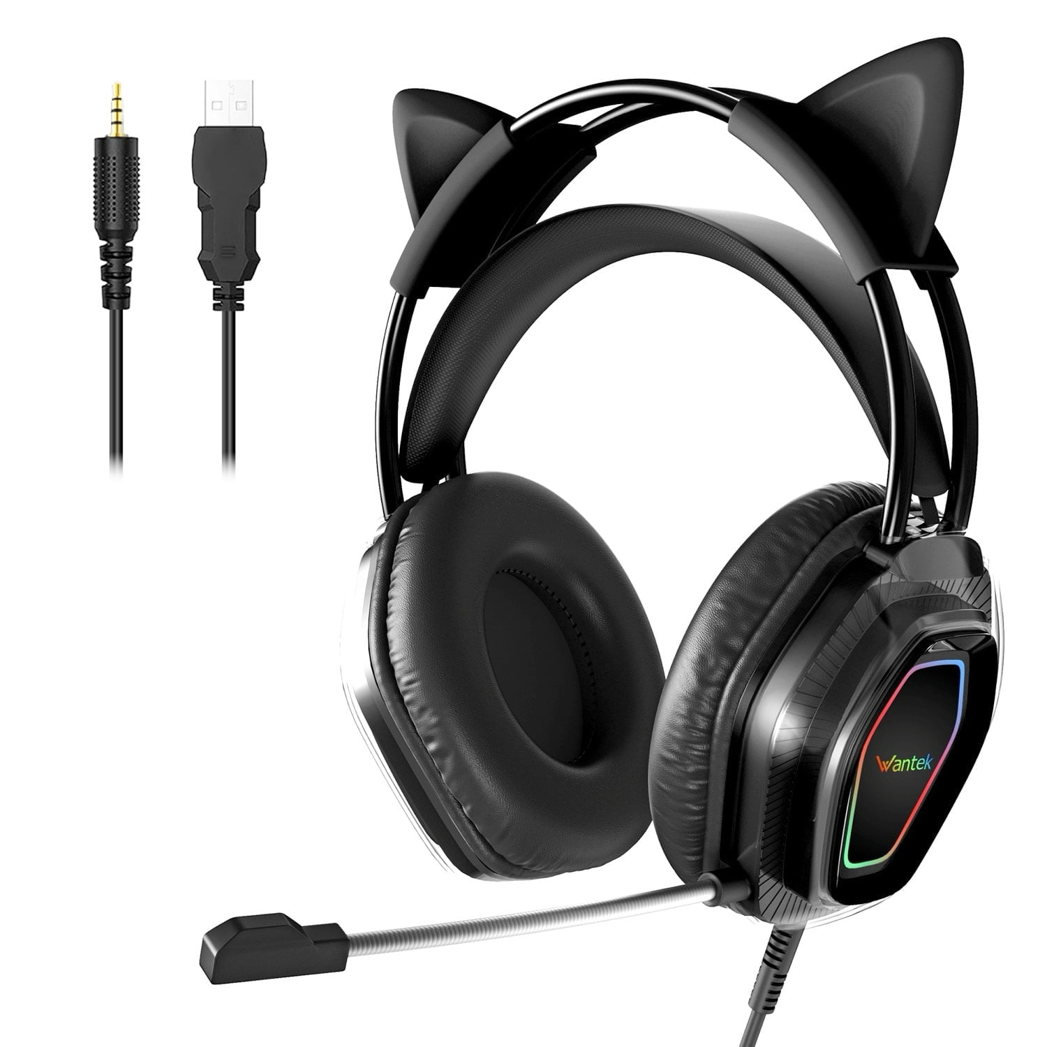 Wantek V10 Cat Ear Style Gaming Headset with comfortable fit and vibrant RGB lighting, Hi-Fi Sound - Black