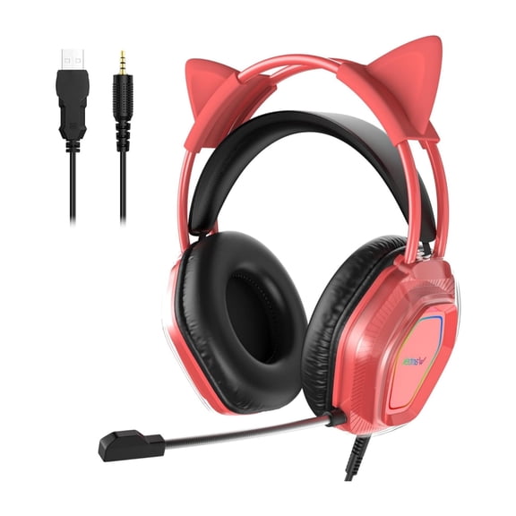 Wantek V10 Cat Ear Style Gaming Headset with comfortable fit and vibrant RGB lighting, Hi-Fi Sound - Red