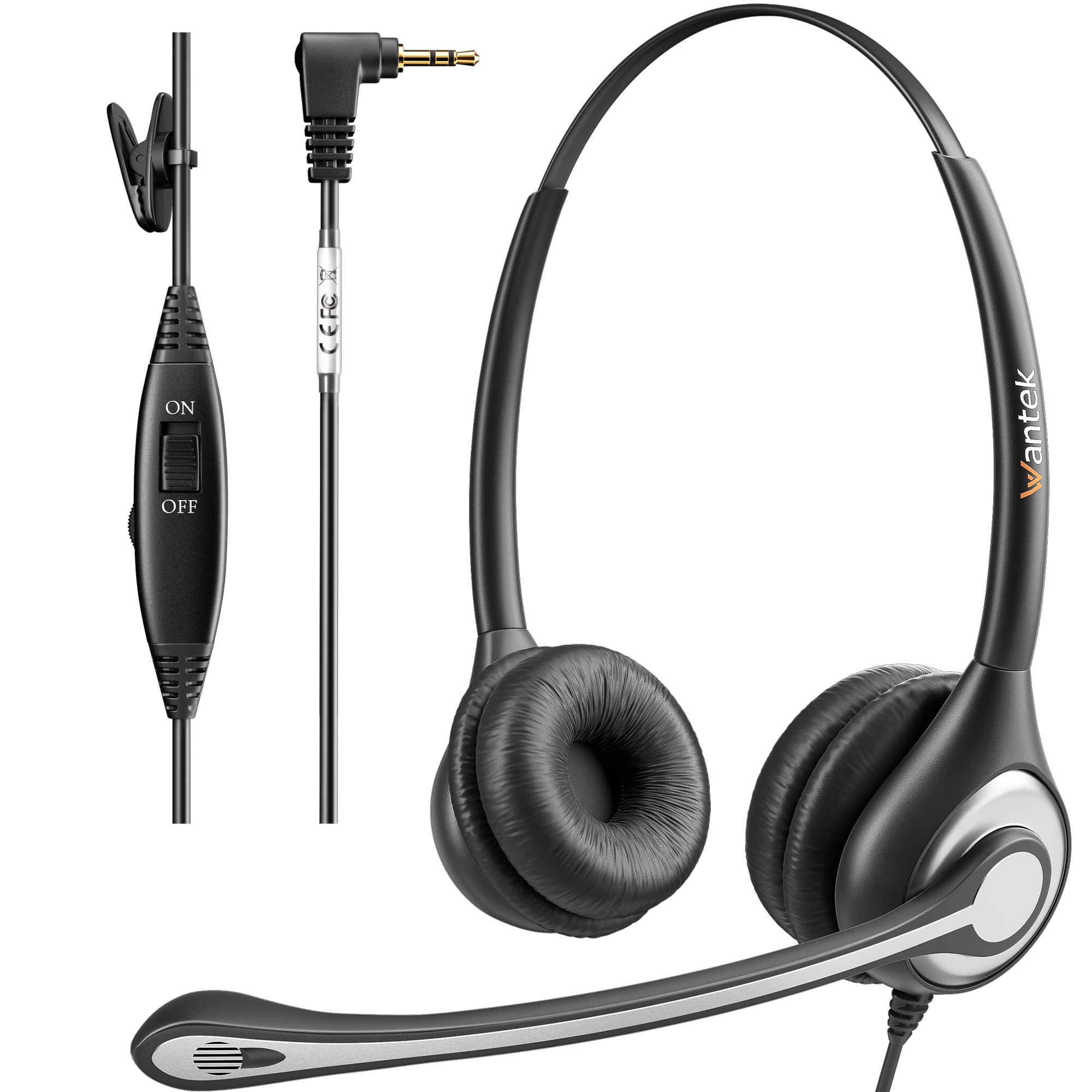 Wantek Wired Telephone Headset Dual Ear with 2.5mm Jack, Noise Cancelling Mic, Quick Disconnect