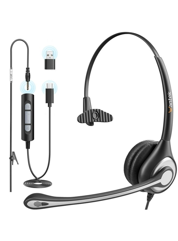 Wantek Wired USB Headset with Microphone for PC,Laptop,3.5mm/USB/Type-C Jack 3-in-1 Computer Headset with Noise Cancelling & Audio Controls,USB Headphones for Call Center,Work,Office,Mono