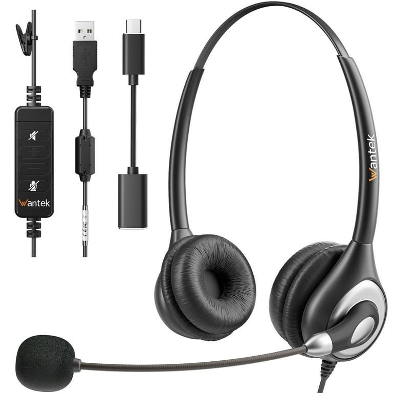 Wantek Wired USB Headset Stereo Type C Headphones with Noise Cancelling Microphone USB In Line Controls PC Mac Laptop Black