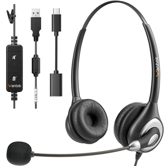 Wantek Wired USB Headset, Stereo Type C Headphones with Noise-Cancelling Microphone, USB, In-Line Controls, PC/Mac/Laptop, Black