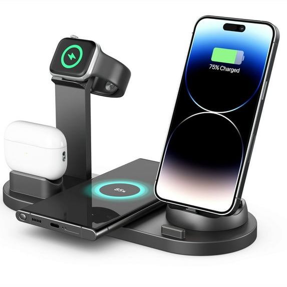 Wanyng 6 in 1 Wireless Charging Station 15W Fast Charging Stand for iPhone, Watch, Pods, Androids, Apple Charger Stand for Multiple Devices Black