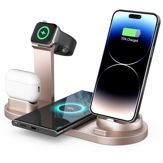 Wanyng 6 in 1 Wireless Charging Station 15W Fast Charging Stand for iPhone, Watch, Pods, Androids, Apple Charger Stand for Multiple Devices Rose Gold