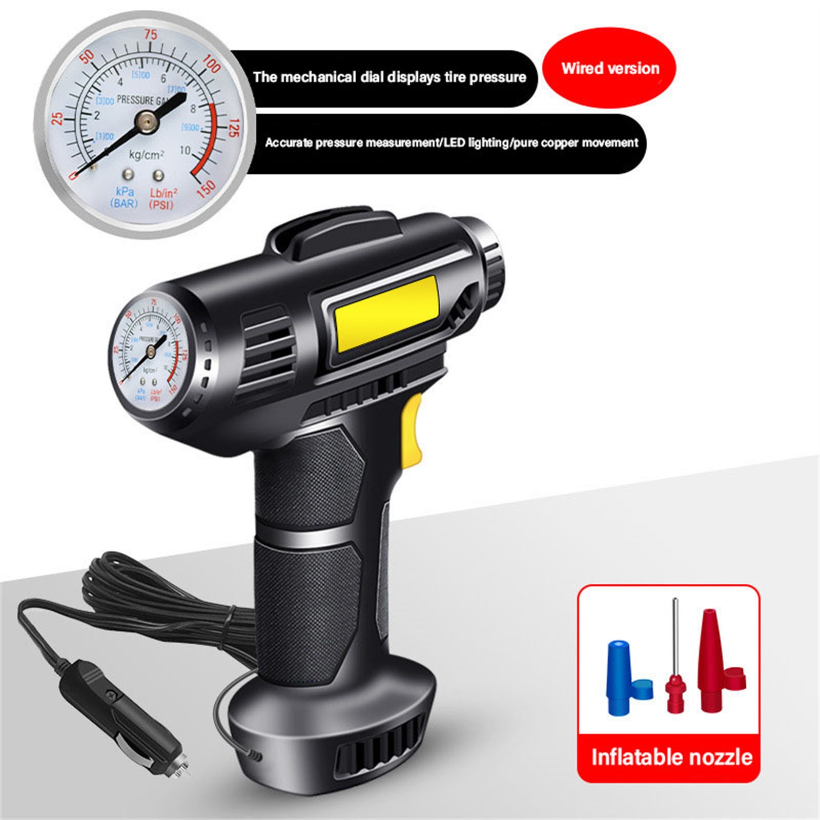 Wanyng Tire Inflator Portable Air compressor 150PSI Pointer Pressure Gauge 120W Electric Tire