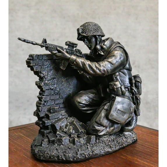 War Battlefield Kneeling Soldier Taking Cover With Rifle Gun And Gears Statue