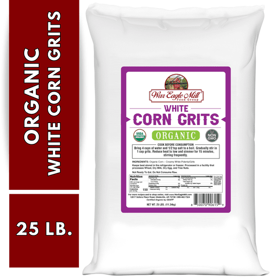 War Eagle Mill USDA Organic, Non-GMO White Corn Grits, 25 lb bag, Dry Uncooked Grits