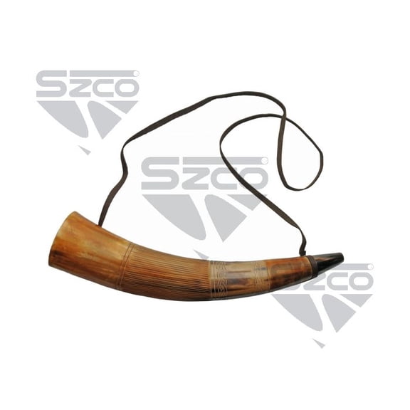 1416 Inch Blowing War Horn with Polished Etched Finish and Leather Shoulder Strap for Sounding and Display