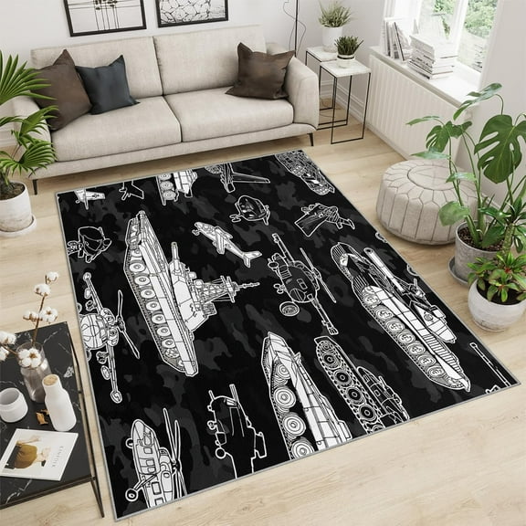 War Theme Area Rug Aircraft Area Rugs Helicopter Tank Rugs Black And White War Painting Rug Modern Technology Area Carpet For Bedroom Area Home Decor 1x2ft