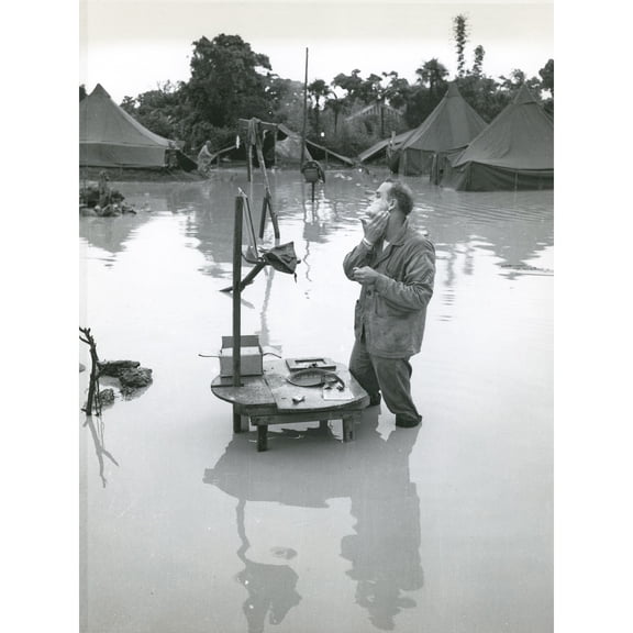 War WWII USA Soldier Shaving Flood Water 1945 Photo Extra Large XL Wall Art Poster Print