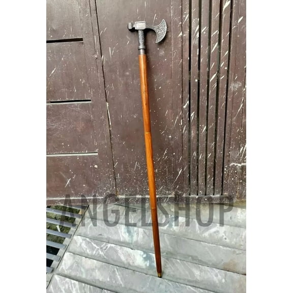 War era Axe wood cane 36" Walking Stick or maybe African style Gift.