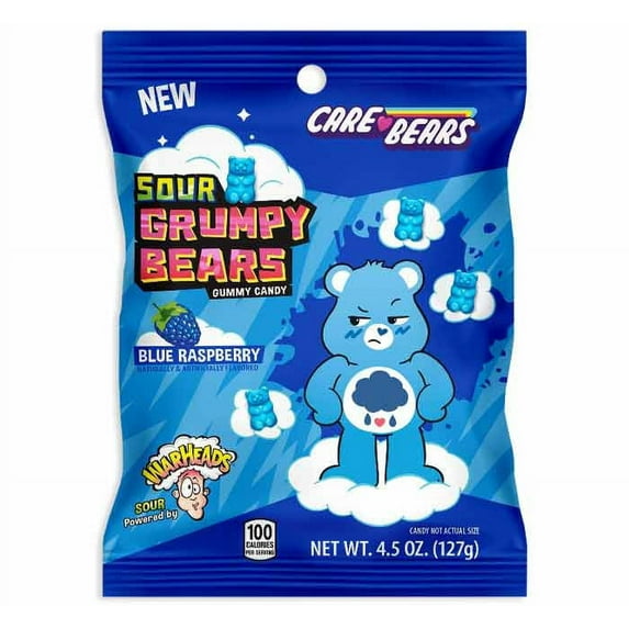 WarHeads Care Bears, Sour Grumpy Bears, Blue Raspberry Gummy Candy, 4.5 Ounce Peg Bag