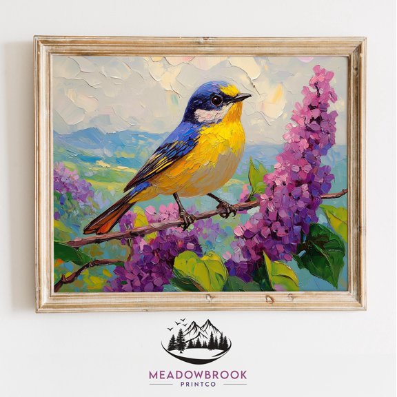 Warbler Bird On Blooming Lilac Branch Spring Artwork Printable Cottagecore Rustic Farmhouse Pastel Vintage Decor 804 UNFRAMED Poster, Wall Art for Decor, Present, 8x12