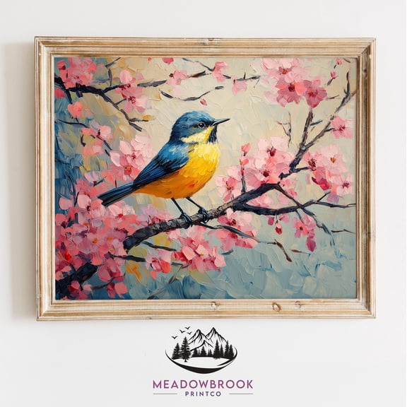 Warbler Bird Perched In Blossoming Canopy Spring Artwork Printable Rustic Cottagecore Farmhouse Pastel Decor 809 UNFRAMED Poster, Wall Art for Decor, Present, 8x12