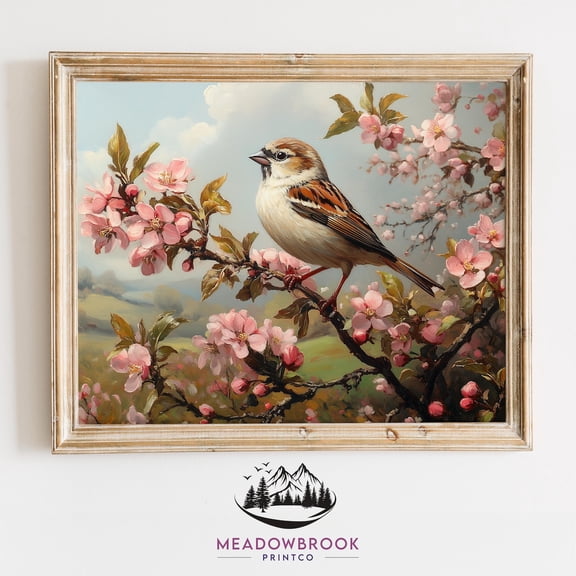 Warbler Bird Wall Art Vintage Bird Neutral Illustration Sparrow Bird Apple Blooms Spring Cottagecore Poster, UNFRAMED Size 24x24