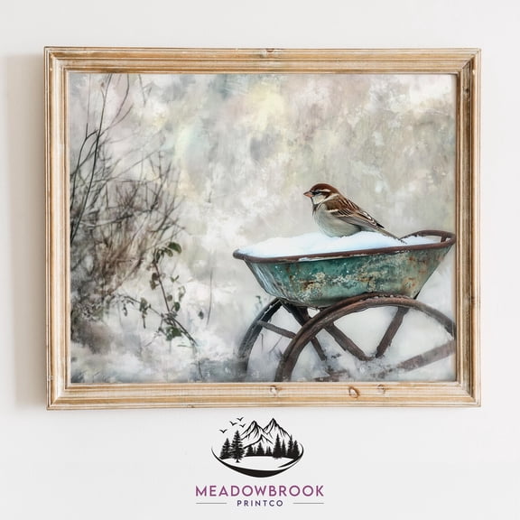 Warbler On Blooming Lilac Branch Spring Vintage Decor Sparrow Perched On Wooden Wagon Winter Bird Art, UNFRAMED Size 16x16