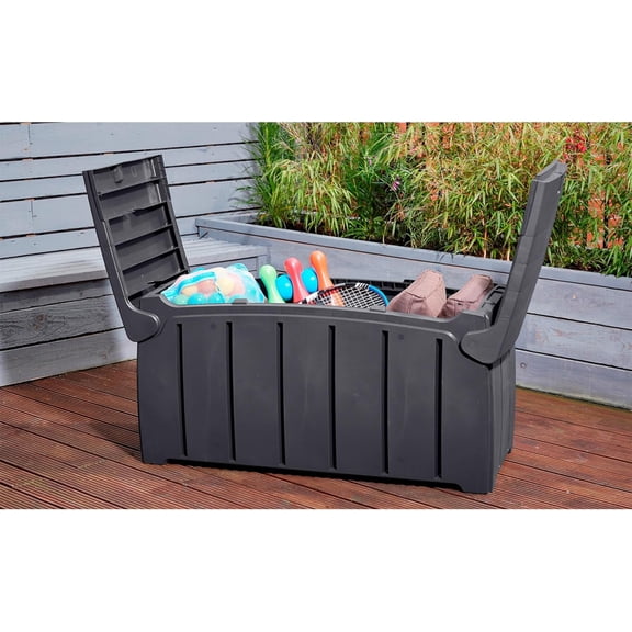 Ward Products 85 Gallon Outdoor Storage Waterproof Deck Box with Dual Door Lid for Garden Pool Furniture Accessories Black