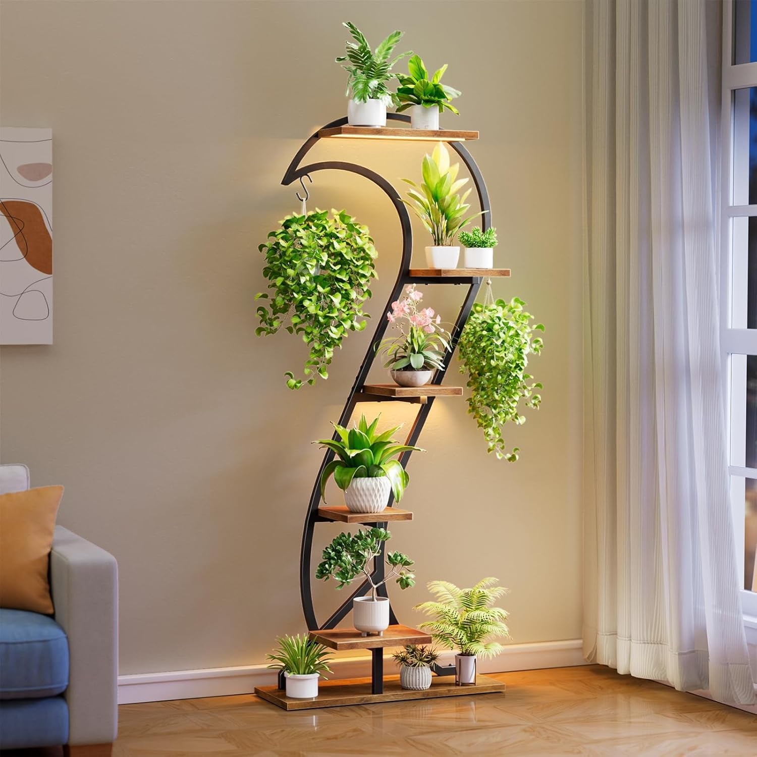65" Tall Black Metal and Wood 6-Tier Plant Stand with Grow Light