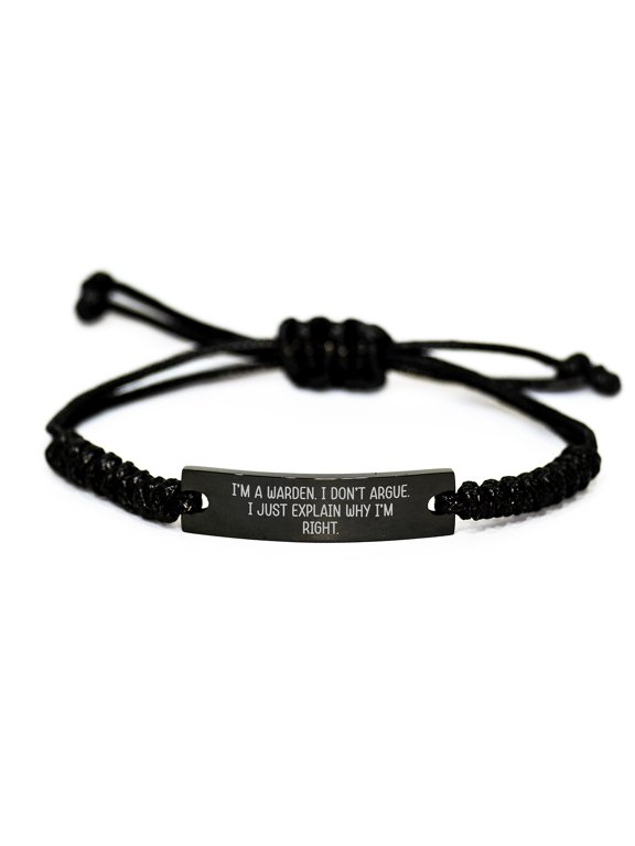 Warden Rope Bracelet Funny Gift from Men to Warden on Birthday, Engraved Black Stainless Steel with Interlaced Rope, Adjustable 3.34-9.84 inches, Organza Bag
