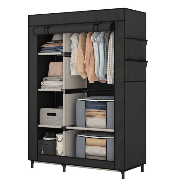 Wardrobe with 6 Shelves and Hanging Rod, Storage Organizer for Bedroom, Non-Woven Fabric Cover with 4 Side Pockets, Includes 2 Storage Bags for Clothes, Black