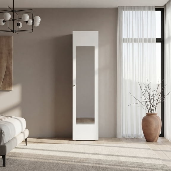Wardrobe 67" H with Mirror and Vertical Storage Design, White
