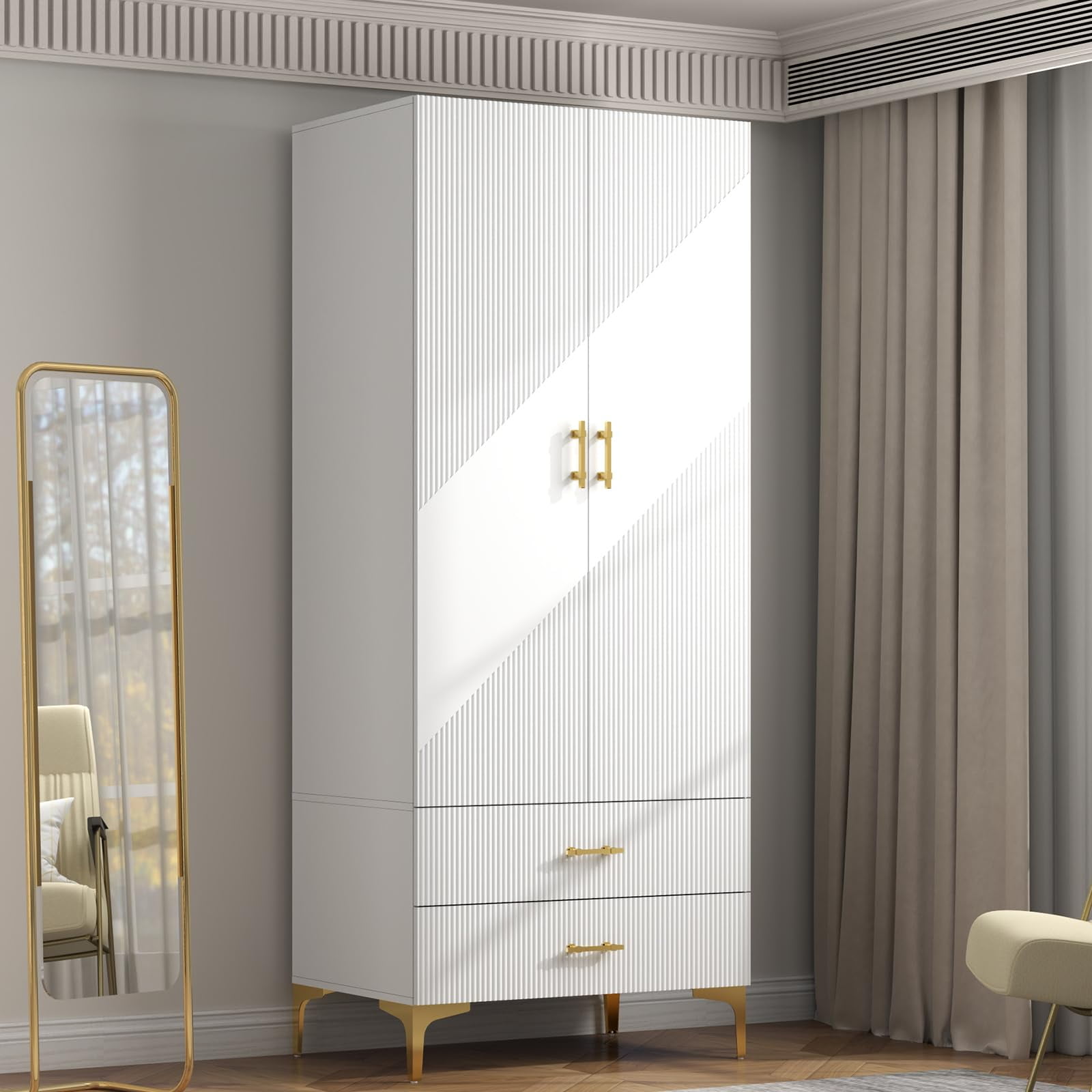 Wardrobe Armoire with 2 Drawers, 2 Doors and Hanging Rods, Twill Wooden Closet Storage with Metal Cabinet Legs, White 20.4" D x 31.5" W x 76.77" H (Light Modern)