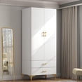 thumbnail image 1 of Wardrobe Armoire with 2 Drawers, 2 Doors and Hanging Rods, Twill Wooden Closet Storage with Metal Cabinet Legs, White 20.4" D x 31.5" W x 76.77" H (Light Modern), 1 of 9