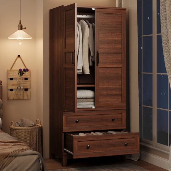 Wardrobe Armoire with 2 Drawers and Hanging Rod, 72" Tall Wooden Storage Cabinet with Doors and Adjustable Shelves, Large Bedroom Closet Organizer for Clothes