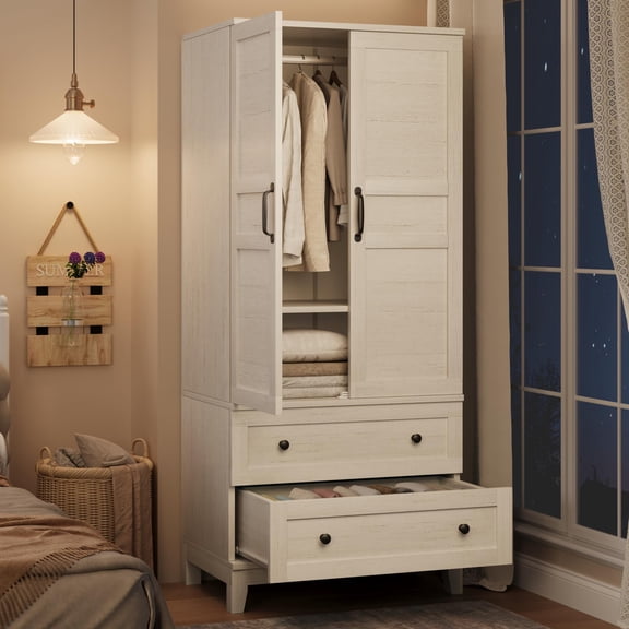 Wardrobe Armoire with 2 Drawers and Hanging Rod, 72" Tall Wooden Storage Cabinet with Doors and Adjustable Shelves, Large Bedroom Closet Organizer for Clothes