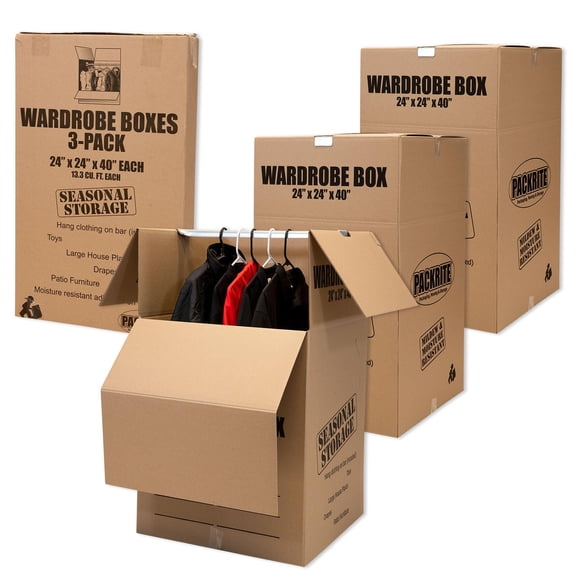 Wardrobe Boxes for Moving Dresses Suits, Extra Large 24x24x40 Inches Storage Box with Hanging Bar, Set of 3, Moving Essentials, Brown