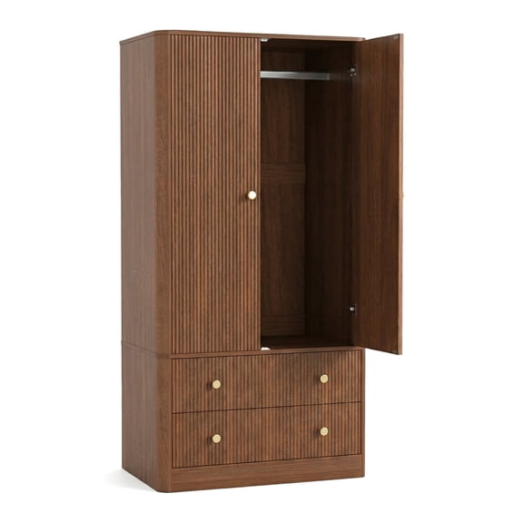 Wardrobe Closet with 2 Doors & 2 Drawers, 66" Tall Solid Wood Bedroom Storage Cabinet, Walnut Finish, Vertical Ribbed Door Design, 300 lbs Capacity, Floor Standing