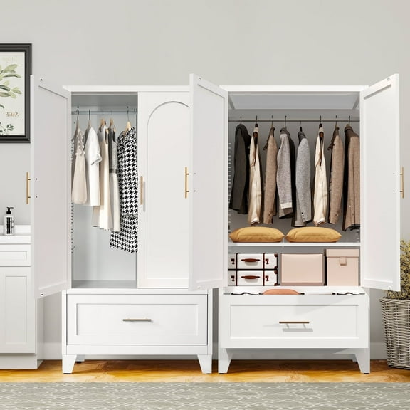 Wardrobe Closet with 2 Doors, 60" Farmhouse Armoire Wardrobe Closet with Hanging Rod, Adjustable Shelves, White Steel Armoire with Drawer for Home, Bedroom
