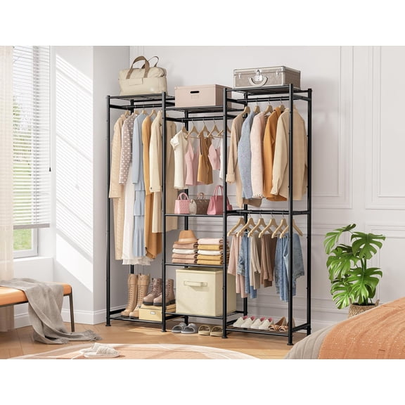 Wardrobe Closet, 4 Hanging Spaces Portable Clothes Rack,Free Standing Closet Organizer and Storage System with Hanging Rods,Clothing Rack Suitable for Cloakroom,Bedroom,Entrances,etc.Black