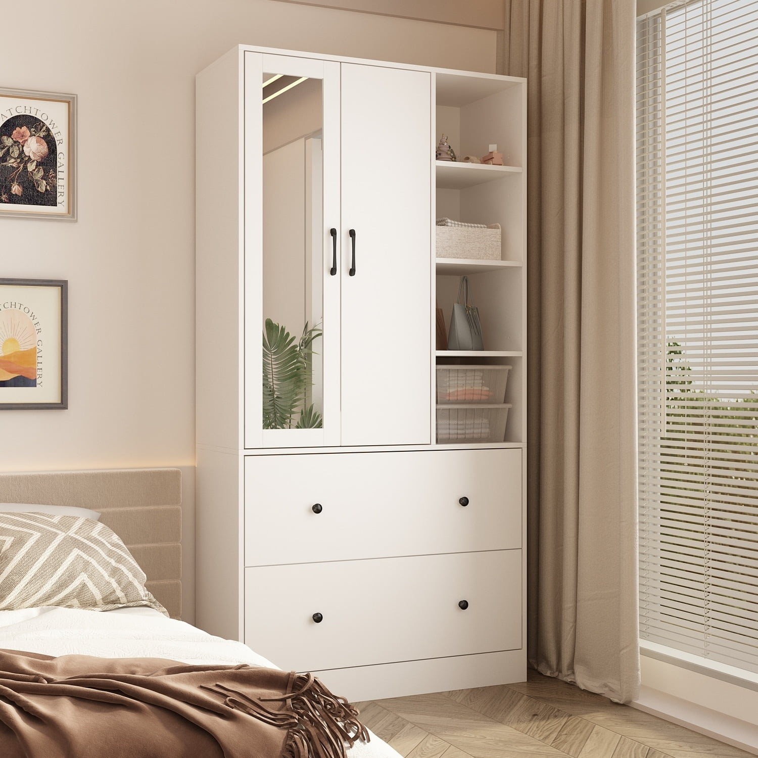 Wardrobe Closet Armoire wi Mirror Scalable Hanging Rod Space