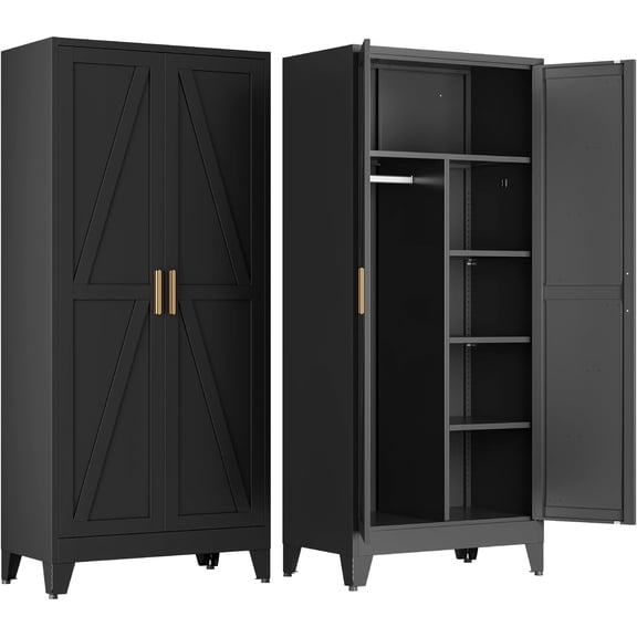 Wardrobe Closet with Doors, Metal Bedroom Armoire with Adjustable Hanging Rod and Shelves, Farmhouse Broom Closet Storage Cabinet for Garage Laundry Office, 70.87" H x 31.5" W x 17.72" D, Black