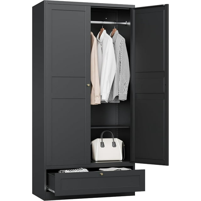 Wardrobe Closet with Drawer, 2 Doors Clothes 72" Metal Storage