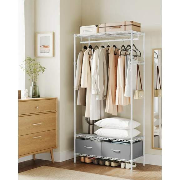 Wardrobe Closet, Heavy-Duty Portable Closet,Clothing Rack with Mesh Shelf, Freestanding Closet Clothes Rack,2 Fabric Drawers, Hanging Rail, Hooks, Cloud White and Dove Gray