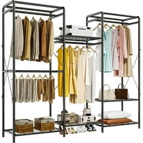 Wardrobe Closet Organizer, Heavy Duty Clothes Rack, Closet System with 4 Rods & 5 Shelves, Adjustable Clothing Racks for Hanging Clothes & Clothing Storage, 75.2''×67.7'', Black