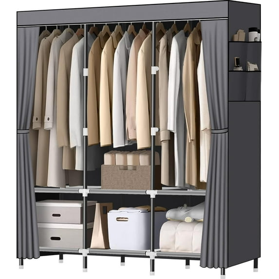 Wardrobe Closet,Portable Closet for Bedroom Steel Pipe Diameter 19mm Strong and Sturdy Grey Portable Closets for Hanging Clothes with 3 Hanging rods, 6 Storage Shelves and Side Pockets