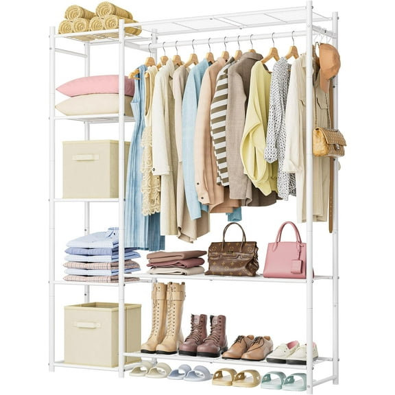 Wardrobe Closet,Portable Clothes Rack with 4 Tiers Shelves,Freestanding Closet Organizers and Storage System with Hanging Rods,Steel Clothing Rack Suitable for Cloakrooms,Bedrooms,Entrances,etc.Black