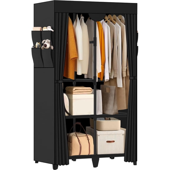 Wardrobe Closet, Quick and Easy Assembly, Black Portable Closet with 2  Rods 4 Storage Shelves and 8 Side Pockets, Sturdy and  Clothes Rack with Cover, for Bedroom and Dormitory