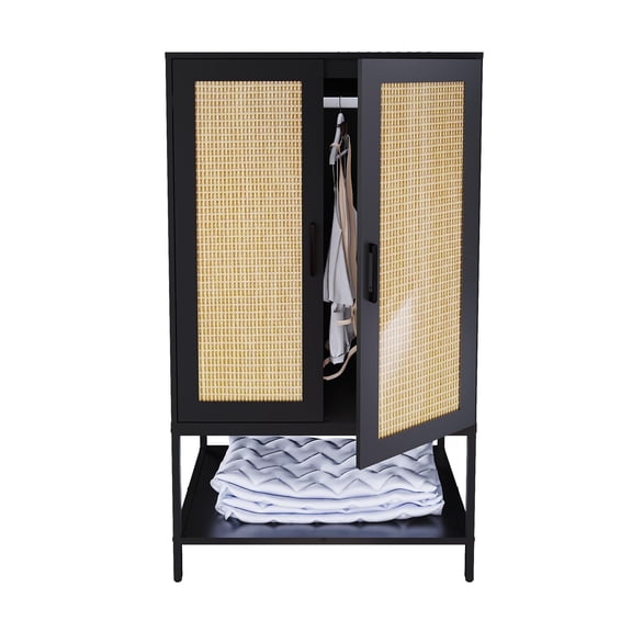 BOCVKENN Modern 55.5" Armoire Wardrobe with 2 Rattan Doors,Freestanding closet cabinet with Shelves and Hanging Rail for Bedroom, Black