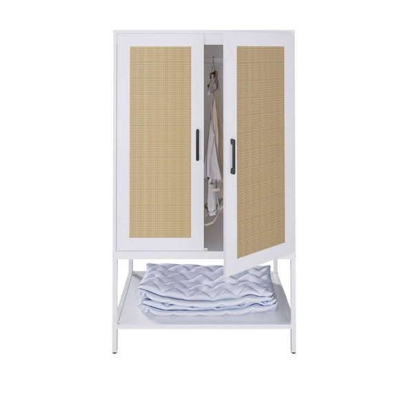 BOCVKENN Wardrobe Closet, Rattan Bedroom Armoires with Wooden Shelves and Hanging Rod