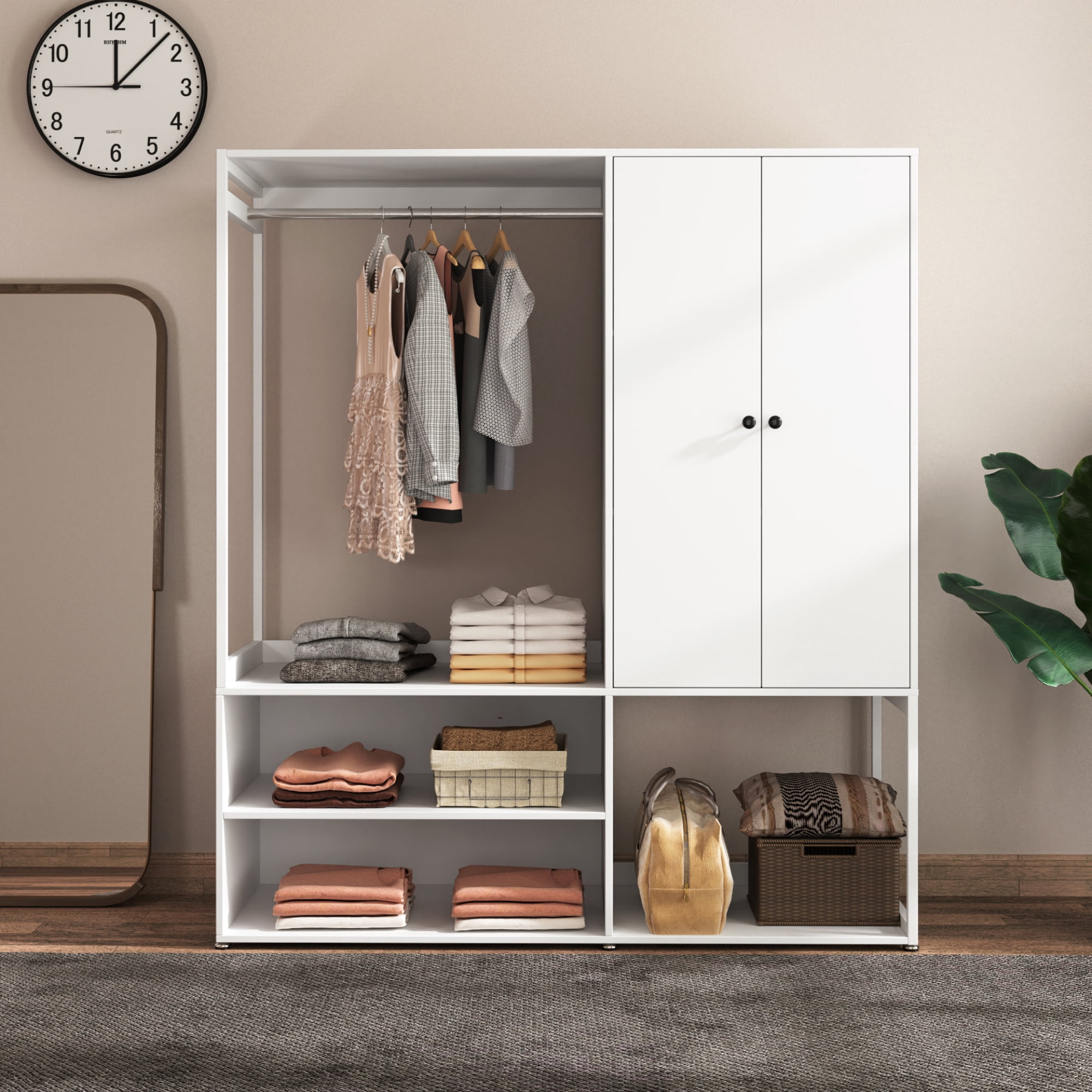 Wardrobe Closet, White Cabinet with Shelves, High wardrobe with 2 Doors with Hanging Rod for Bedroom, Living/Laundry Room