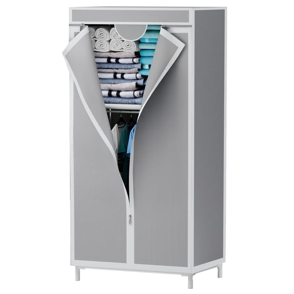 Hanging Closet Organizer, Durable Portable Closet,Wardrobe With Full-Cover Dustproof Cover for Bedroom, Apartment, Dorm, Light Gray