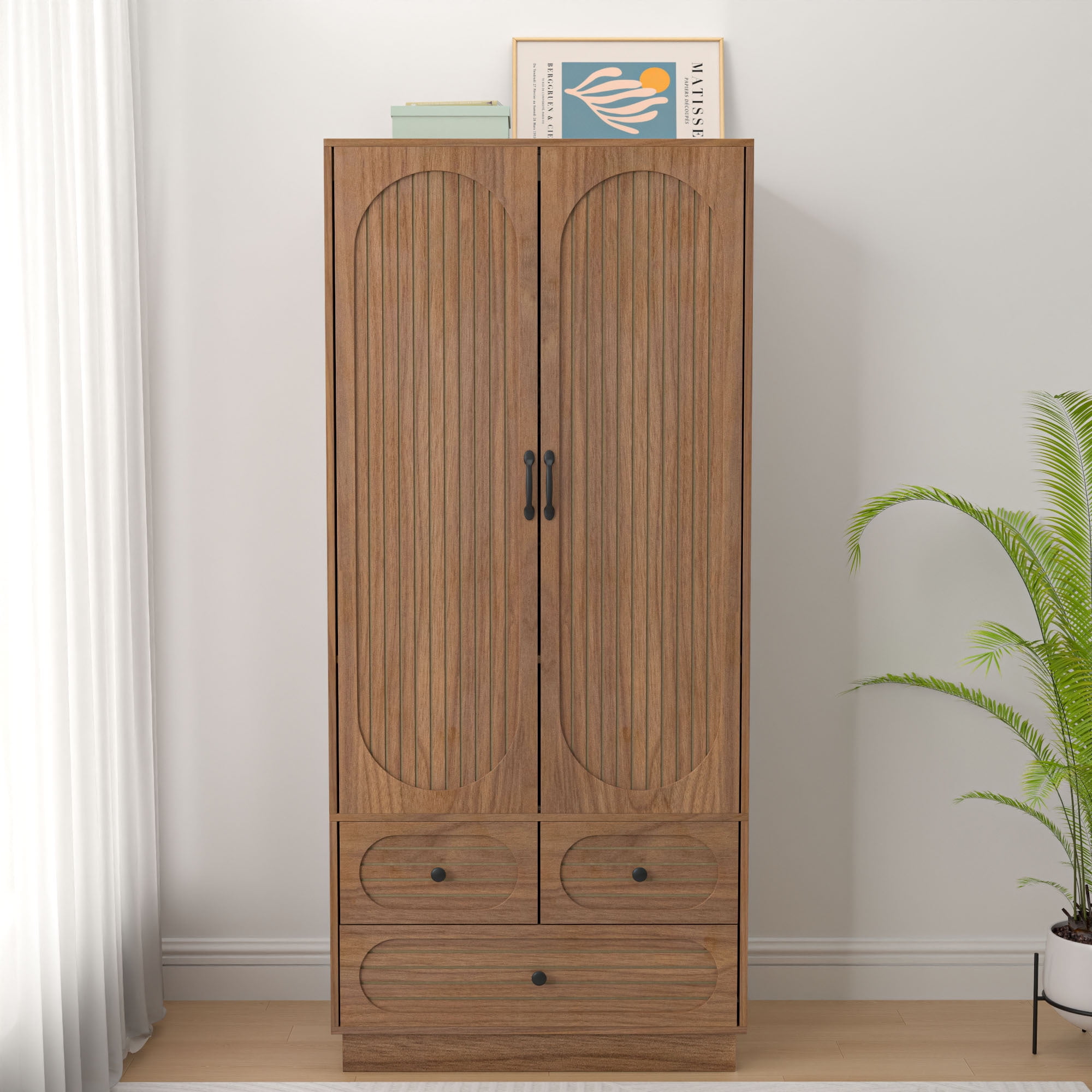 Wardrobe Closet with 2 Door & 3 Drawers, Freestanding Wooden Closet ...