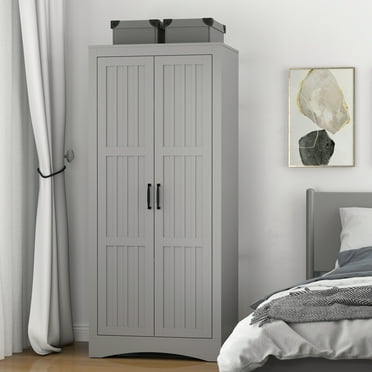 Wardrobe Closet with 2 Doors, Wooden Modern Freestanding Armoire with Shelves and Hanging Rod, Clothes Organizer Cabinet for Bedroom, Guestroom, Gray