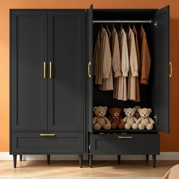 Gyger Freestanding Wood Wardrobe Closet with 2 doors & Drawer,Armoires and Wardrobes with Shelves and Hanging Rail,Bedroom Wardrobe,Black